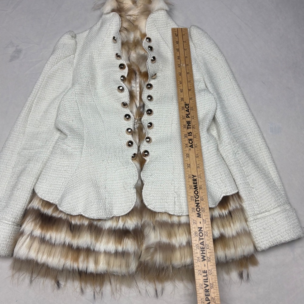 Cream Tweed Faux Fur Lined Peplum Jacket Gold Buttons Silk Blend Sz 4 - Picture 5 of 6